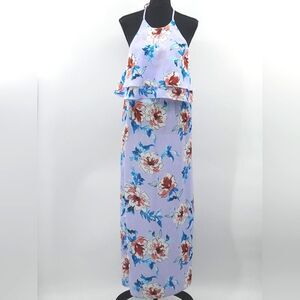 Aqua Maxi Halter Dress Size Small Purple Blue Floral Blouson Flowy Fairy Boho